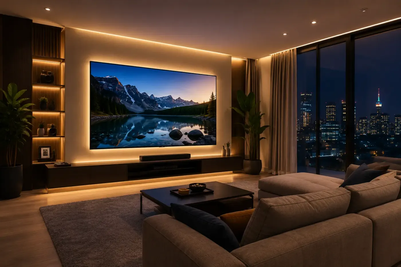 Premium-Heimkino mit großem wandmontiertem Smart-TV, ideal zum Streamen mit Best IPTV Anbieter