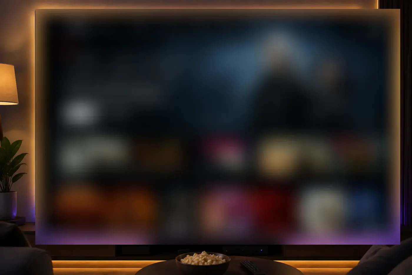Gemütliches Heimkino für einen Filmabend, mit Smart-TV, Popcorn und stimmungsvoller Beleuchtung