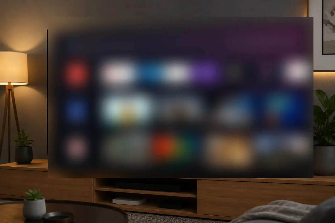 Smart TV mit App und Inhalteübersicht nach der Einrichtung von Best IPTV Anbieter in einem gemütlichen Wohnzimmer